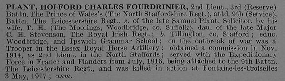 Plant H C F 2nd Lt 3rd North Staffordshire Regiment Attd 9th Leicestershire Regiment Obit De Ruvignys Roll Of Honour Vol 4