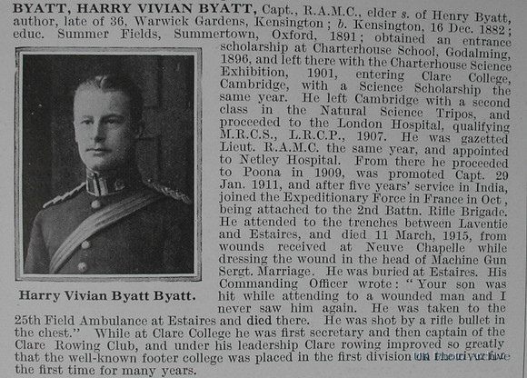 Byatt H V B Captain Royal Army Medical Corps Obituary De Ruvignys Roll Of Honour Vol 1
