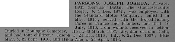 Parsons J J Pte 20660 14th Attd 8th  Gloucestershire Regiment Obit De Ruvignys Roll Of Honour Vol 4