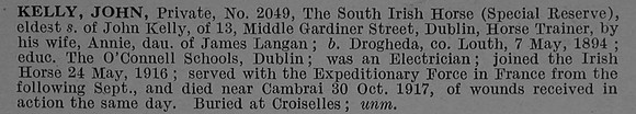 Kelly J Pte 2049 South Irish Horse Obit De Ruvignys Roll Of Honour Vol 4