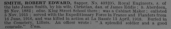 Smith R E Sapper 408205 Royal Engineers Short Obit De Ruvignys Roll Of Honour Vol 4