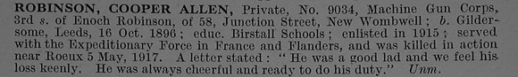 Robinson C A Pte 9034 Machine Gun Corps Short Obit De Ruvignys Roll Of Honour Vol 4