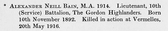 Bain A N Lt 10th Gordon Highlanders Obit