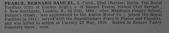 Pearce B S L/Cpl 369 22nd Royal Fusiliers Obit De Ruvignys Roll Of Honour Vol 4