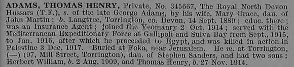 Adams T H Pte 345667 Royal Devon Hussars Obit De Ruvignys Roll Of Honour Vol 4