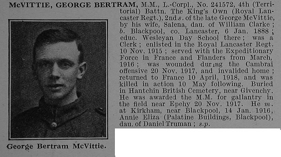McVittie G B LCpl MM 241572 4th Kings Own Royal Lancaster Regiment Obit De Ruvignys Roll Of Honour Vol 4