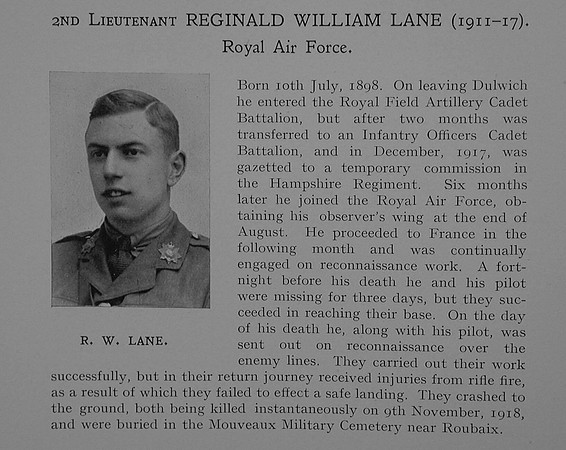 Lane R W 2nd Lt Royal Air Force Obit Dulwich College Roll Of Honour
