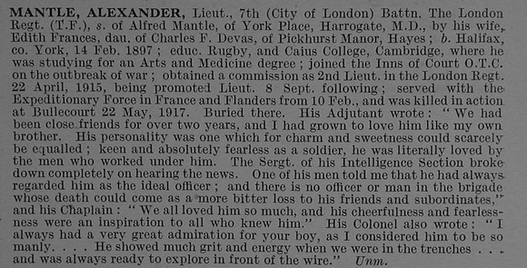 Mantle A Lt 7th London Regiment Obit De Ruvignys Roll Of Honour Vol 4