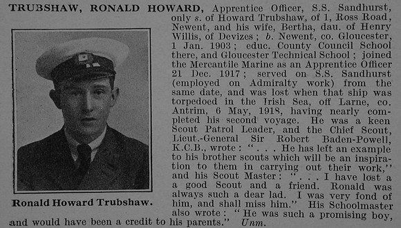 Trubshaw R H Apprentice S.S. Sandhurst (London) Mercantile Marine Obit De Ruvignys Roll Of Honour Vol 4