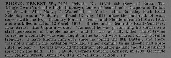 Poole E W Pte MM 11374 6th Kings Own Yorkshire Light Infantry Obit De Ruvignys Roll Of Honour Vol 4