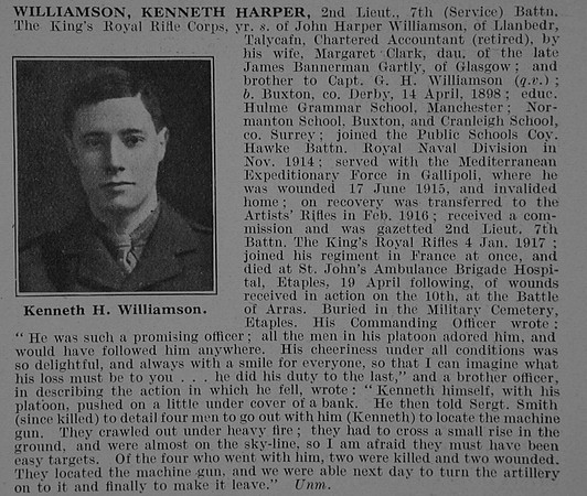 Williamson K H 2nd Lt 7th Kings Royal Rifle Corps Obit De Ruvignys Roll Of Honour Vol 3