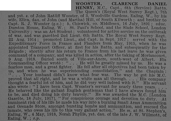 Wooster C D H Captain MC 6th Queen's Royal West Surrey Regiment Obit De Ruvignys Roll Of Honour Vol 4