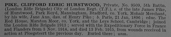 Pike C E H Pte 9509 5th London Regiment (London Rifle Brigade) Obit De Ruvignys Roll Of Honour Vol 4