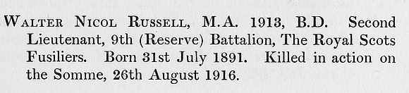 Russell W N 2nd Lt 9th Royal Scots Obit St Andrews University Roll Of Honour