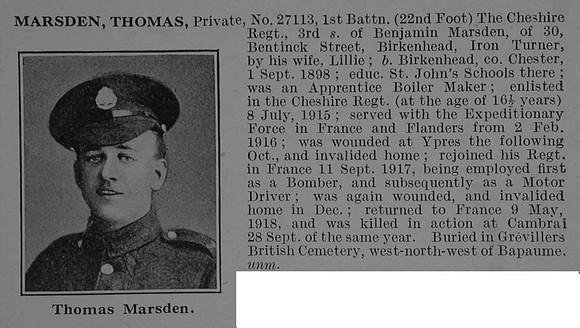 Marsden T Pte 27113 1st Cheshire Regiment Obit De Ruvignys Roll Of Honour Vol 4