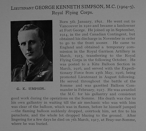 Simpson G K Lt MC Royal Flying Corps Obit Dulwich College Roll Of Honour