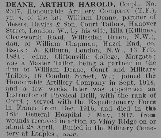 Deane A H Cpl Honourable Artillery Company Obit De Ruvignys Roll Of Honour Vol 3