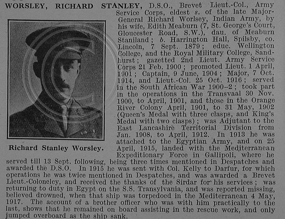 Worsley R S Brevet Lt Col DSO Army Service Corps Obit De Ruvignys Roll Of Honour Vol 4