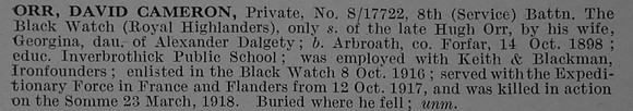 Orr D C Pte S-17722 8th Black Watch Obit De Ruvignys Roll Of Honour Vol 4