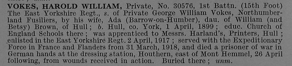 Vokes H W Pte 30576 1st East Yorkshire Regiment Obit De Ruvignys Roll Of Honour Vol 4