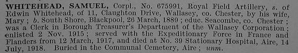 Whitehead S Cpl 675991 Royal Field Artillery Short Obit De Ruvignys Roll Of Honour Vol 4
