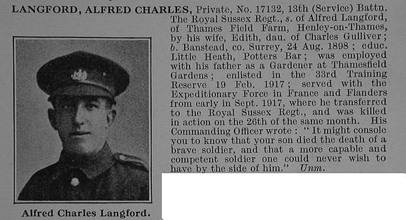 Langford A C Pte 17132 13th Royal Sussex Regiment Obit De Ruvignys Roll Of Honour Vol 4
