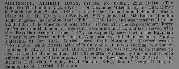 Mitchell A R Pte 683924 22nd London Regiment Obit De Ruvignys Roll Of Honour Vol 4