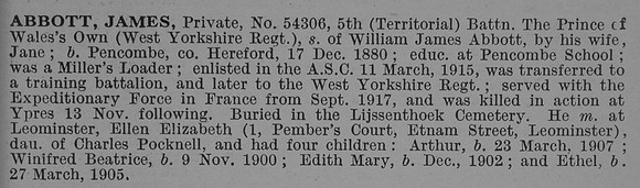 Abbott J Pte 5th West Yorkshire Regiment Obit De Ruvignys Roll Of Honour Vol 4