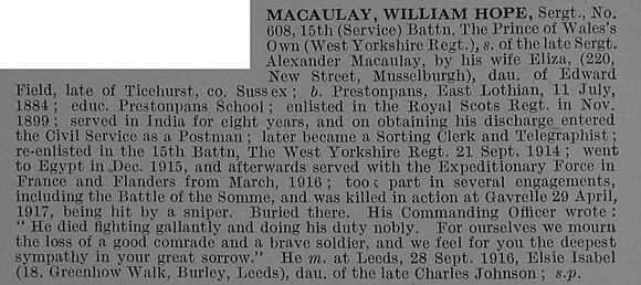 Macaulay W H Sergt 608 West Yorkshire Regiment (Prince of Wales's Own) Obit De Ruvignys Roll Of Honour Vol 4