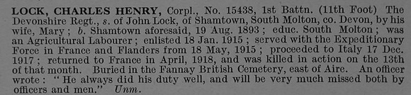 Lock C H Cpl 15438 1st Devonshire Regiment Obit De Ruvignys Roll Of Honour Vol 4