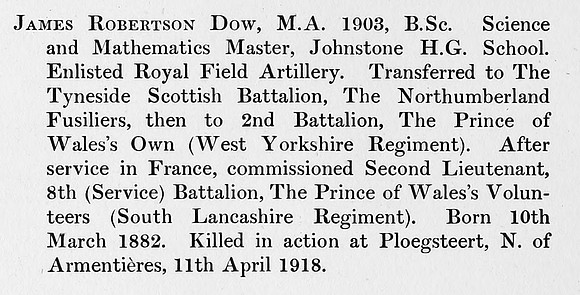 Dow J R 2nd Lt 8th South Lancs Regiment Obit