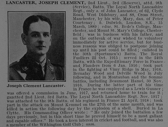 Lancaster J C 2nd Lt 3rd Attd 9th Loyal North Lancs Regiment Obit De Ruvignys Roll Of Honour Vol 4