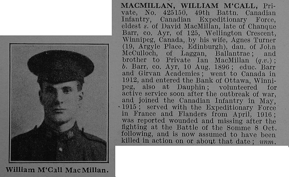 MacMillan W M Pte 425150 49th Canadian Infantry (Alberta Regiment) Obit De Ruvignys Roll Of Honour Vol 4