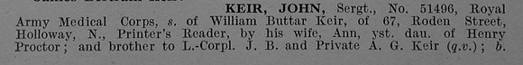 Keir J Sergt 51496 Royal Army Medical Corps Obit Part 1 De Ruvignys Roll Of Honour Vol 4