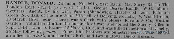 Randle D Rfn 2916 21st London Regiment Obit