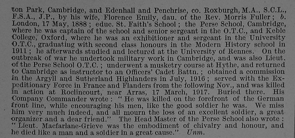 MacFarlane-Grieve A R Lt 8th Argyll & Sutherland Highlanders Obit Part 2 De Ruvignys Roll Of Honour Vol 4