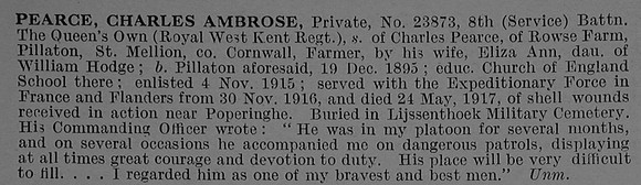 Pearce C A Pte 23873 8th Queen's Own Royal West Kent Regiment Obit De Ruvignys Roll Of Honour Vol 4