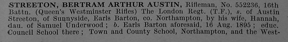 Streeton B A A Rfn 552236 16th London Regiment Obit Part 1 De Ruvignys Roll Of Honour Vol 4