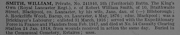Smith W Pte 241946 5th Kings Own Royal Lancaster Regiment Obit De Ruvignys Roll Of Honour Vol 4