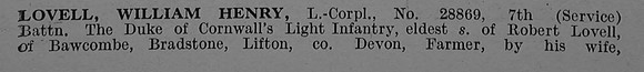 Lovell W H L/Cpl 28869 7th Duke of Cornwall's Light Infantry Obit Part 1 De Ruvignys Roll Of Honour Vol 4
