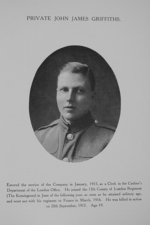Griffiths J J Pte 13th London Regiment Northern Asurance Co War Record