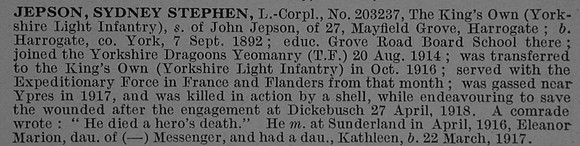 Jepson S S L/Cpl 203237 4th King's Own Yorkshire Light Infantry Obit De Ruvignys Roll Of Honour Vol 4