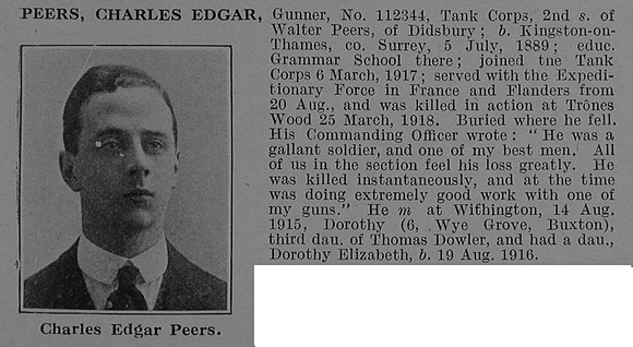 Peers C E Gnr 112344 Tank Corps Obit De Ruvignys Roll Of Honour Vol 4