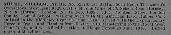Milne W Pte 52570 1st Queens Own Royal West Kent Regiment Obit De Ruvignys Roll Of Honour Vol 4
