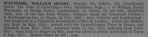 Waymark W H Pte 202571 7th Middlesex Regiment Obit De Ruvignys Roll Of Honour Vol 4