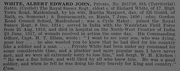White A E J Pte 265738 6th Royal Sussex Regiment Obit De Ruvignys Roll Of Honour Vol 4