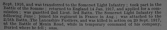 Smerdon J G 2nd Lt 3rd Somerset Light Infantry Attd 5th Lancashire Fusiliers Obit Part 2 De Ruvignys Roll Of Honour Vol 4