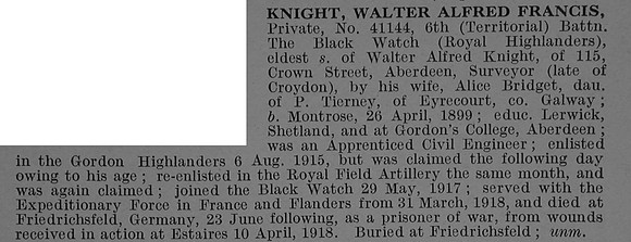 Knight W A F Pte 41144 6th Black Watch Obit De Ruvignys Roll Of Honour Vol 4