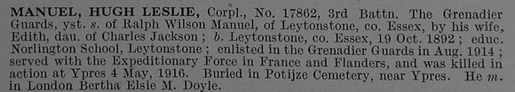 Manuel H L Cpl 17862 3rd Grenadier Guards Obit De Ruvignys Roll Of Honour Vol 4