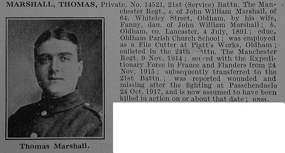 Marshall T Pte 14521 21st Manchester Regiment Obit De Ruvignys Roll Of Honour Vol 4